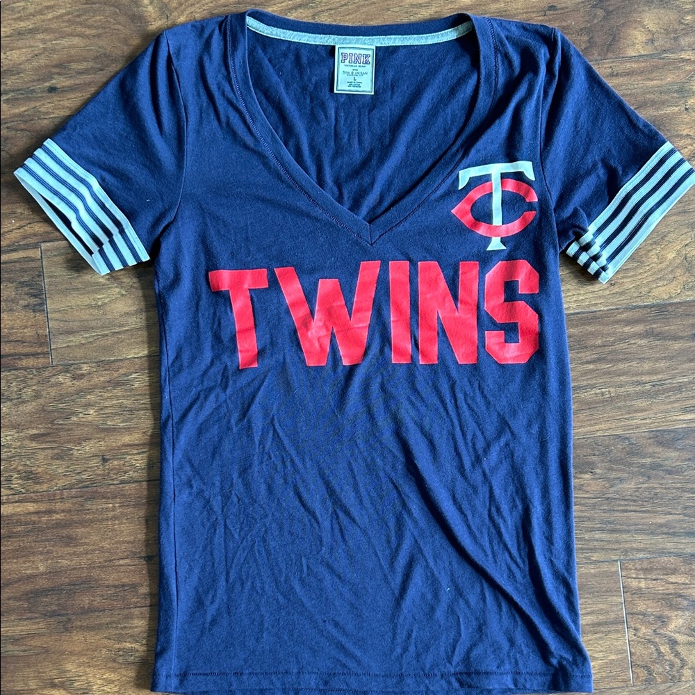 PINK Victoria's Secret Navy Tee with Red Twins Logo
